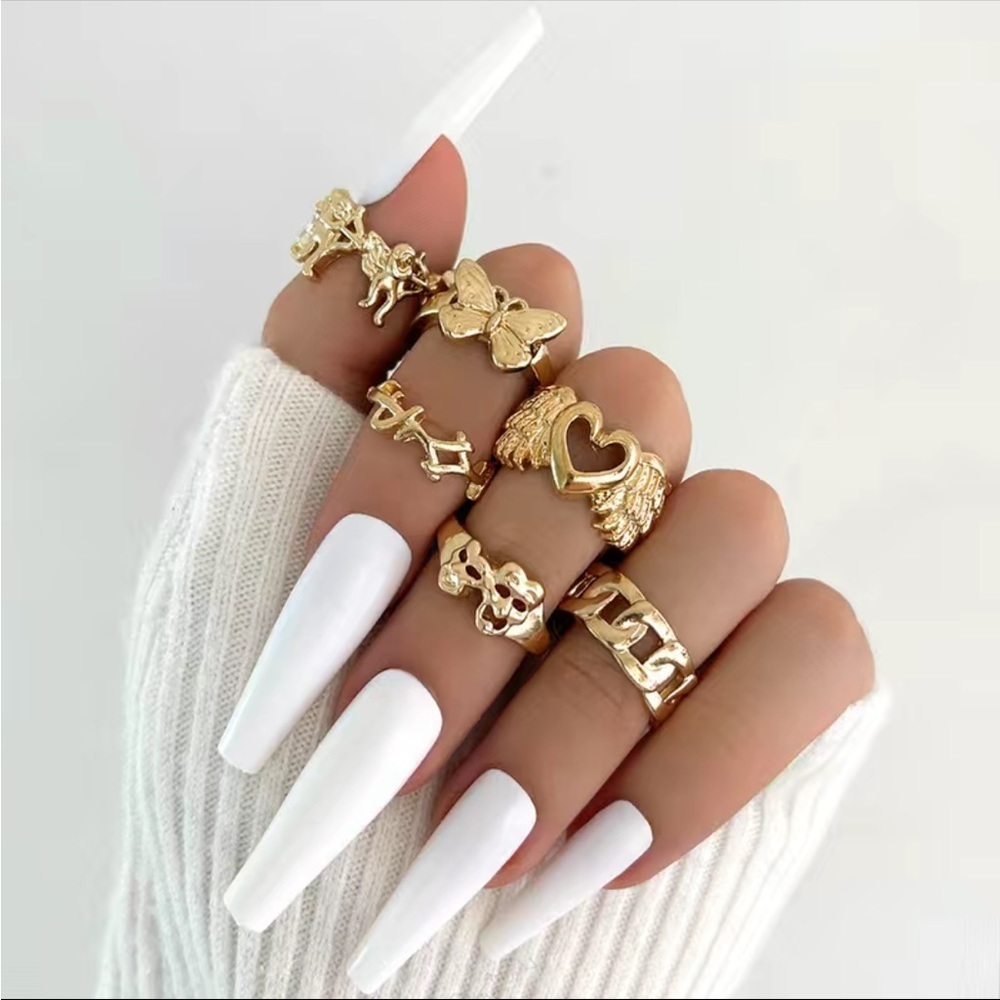 Gold Butterfly Heart Wings Skull Ring Set